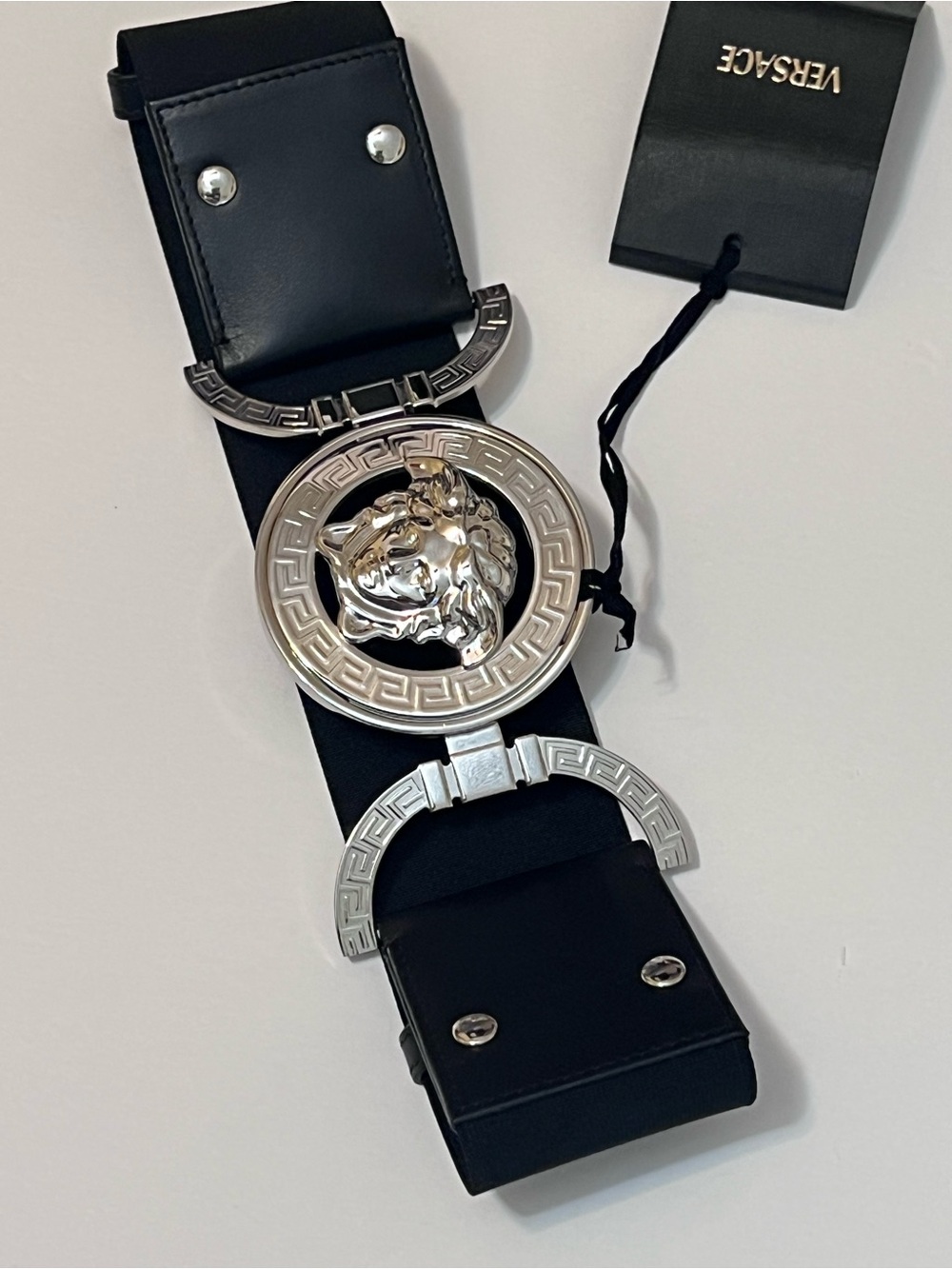 Versace Black Elastic + Calf leather Belt with Silver Medusa Buckle Authentic